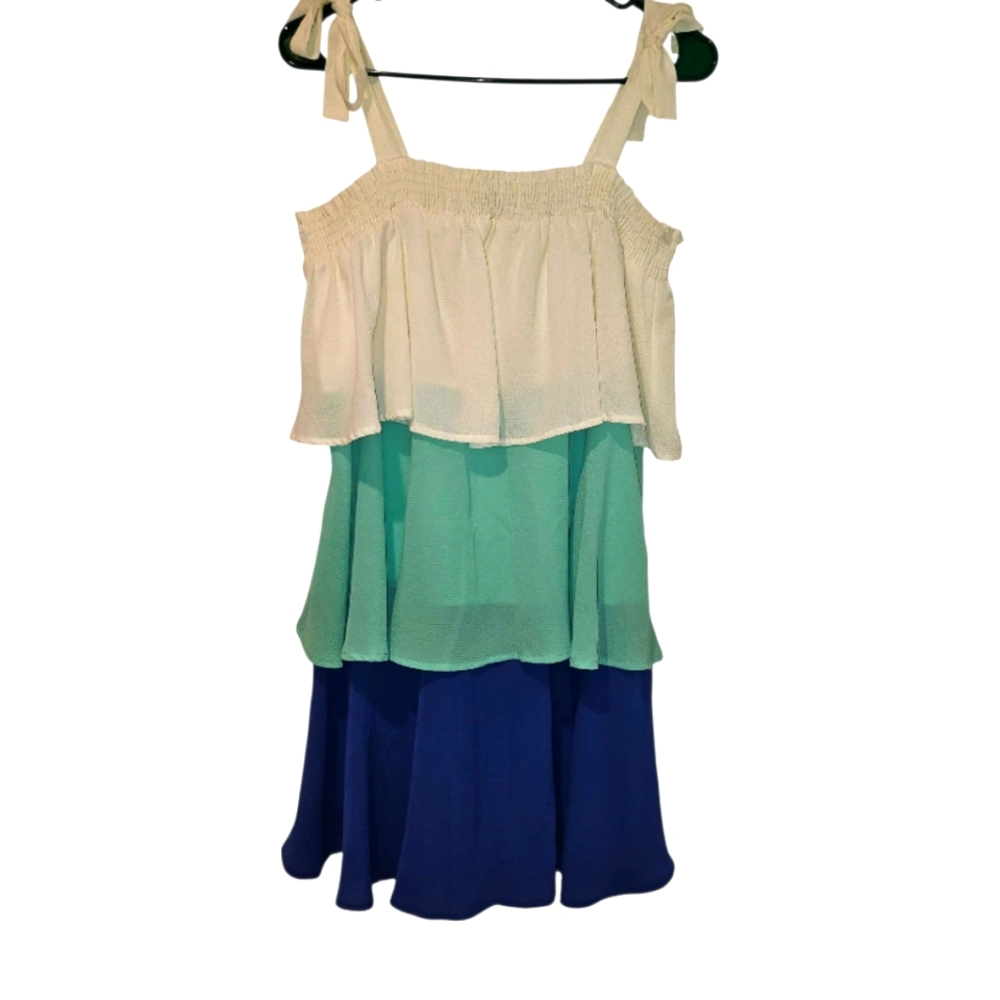 Free as a Bird Blue Green Cream Coloerd Dress Ties At Shoulders Sz L NWOT